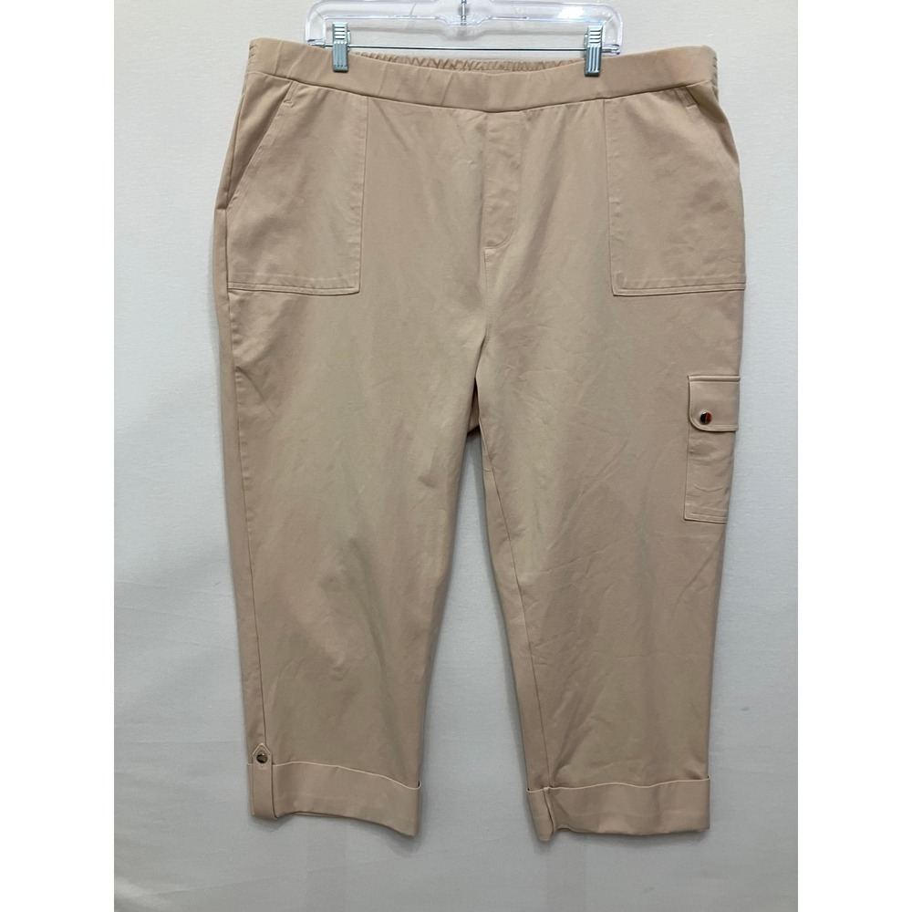 Susan Graver Cargo Crop Pants 2X Beige Stretch Pull On Cuffed Casual